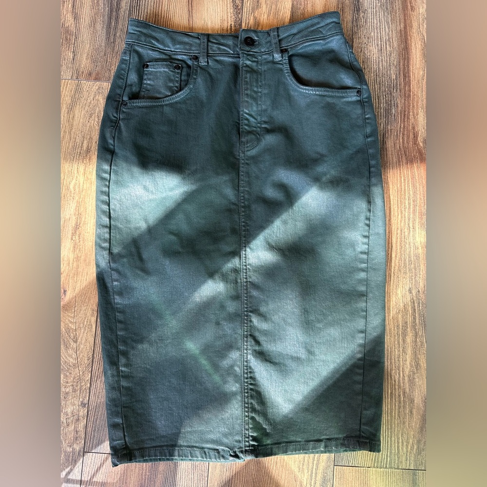 Pilcro Anthropologie Dark Coated Green Denim Skirt